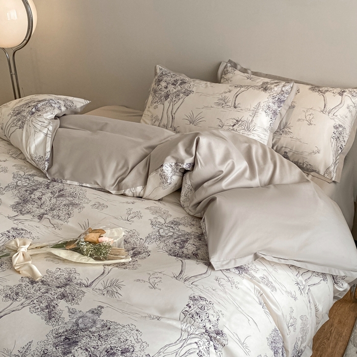 91家纺网 家纺一手货源 找家纺 （总）秀色 2025新款50支贡缎长绒棉床上四件套数码印花被套轻奢高级感床品 椿野-纽约灰