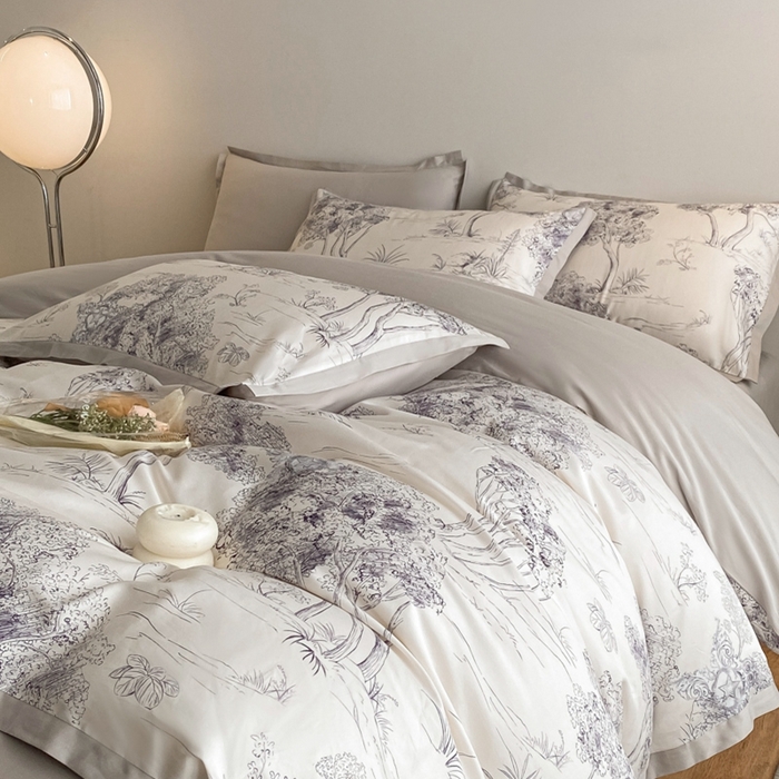 91家纺网 家纺一手货源 找家纺 （总）秀色 2025新款50支贡缎长绒棉床上四件套数码印花被套轻奢高级感床品 椿野-纽约灰