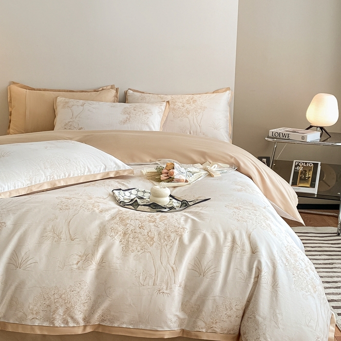 91家纺网 家纺一手货源 找家纺 （总）秀色 2025新款50支贡缎长绒棉床上四件套数码印花被套轻奢高级感床品 椿野-香槟金