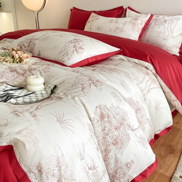 91家纺网 家纺一手货源 找家纺 （总）秀色 2025新款50支贡缎长绒棉床上四件套数码印花被套轻奢高级感床品 椿野-西瓜红