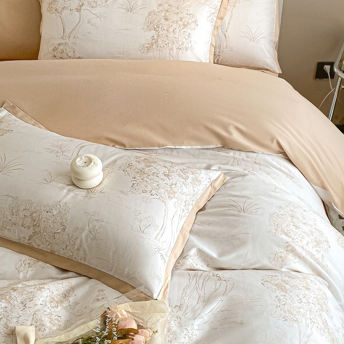 91家纺网 家纺一手货源 找家纺 （总）秀色 2025新款50支贡缎长绒棉床上四件套数码印花被套轻奢高级感床品 椿野-香槟金