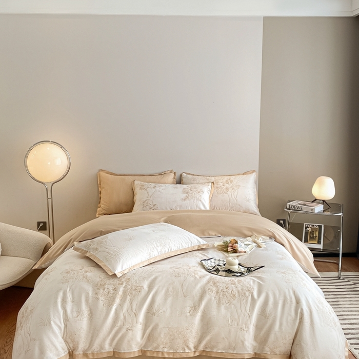 91家纺网 家纺一手货源 找家纺 （总）秀色 2025新款50支贡缎长绒棉床上四件套数码印花被套轻奢高级感床品 椿野-香槟金