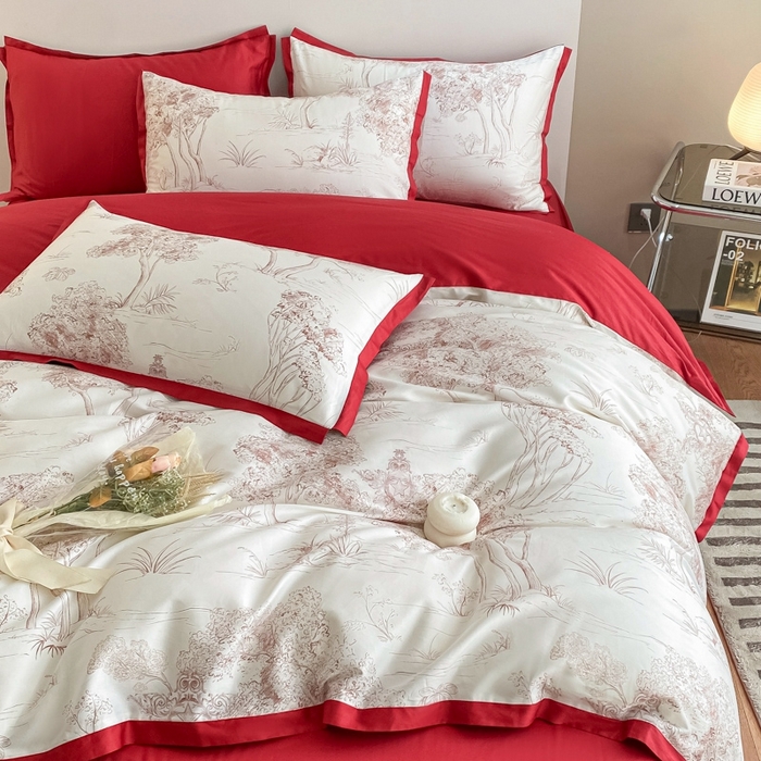 91家纺网 家纺一手货源 找家纺 （总）秀色 2025新款50支贡缎长绒棉床上四件套数码印花被套轻奢高级感床品 椿野-西瓜红
