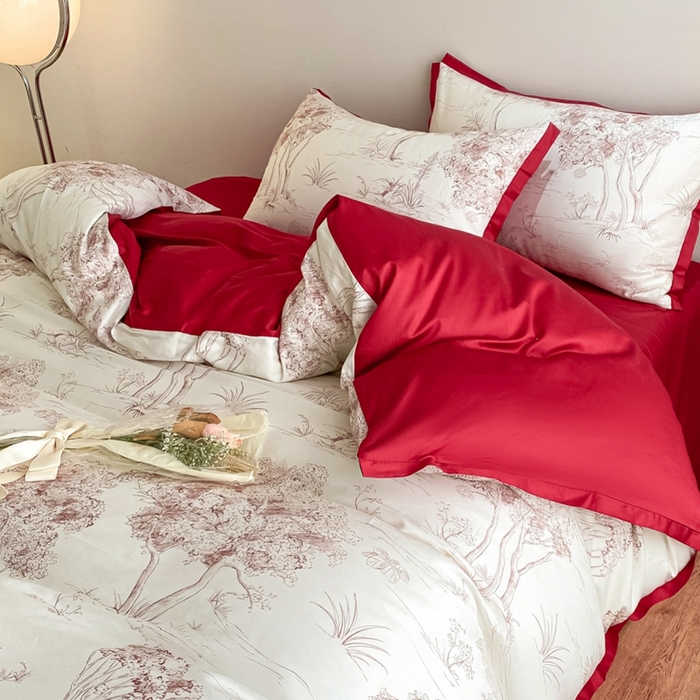 91家纺网 家纺一手货源 找家纺 （总）秀色 2025新款50支贡缎长绒棉床上四件套数码印花被套轻奢高级感床品 椿野-西瓜红