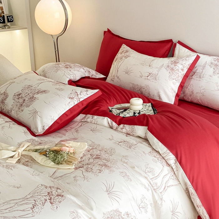 91家纺网 家纺一手货源 找家纺 （总）秀色 2025新款50支贡缎长绒棉床上四件套数码印花被套轻奢高级感床品 椿野-西瓜红
