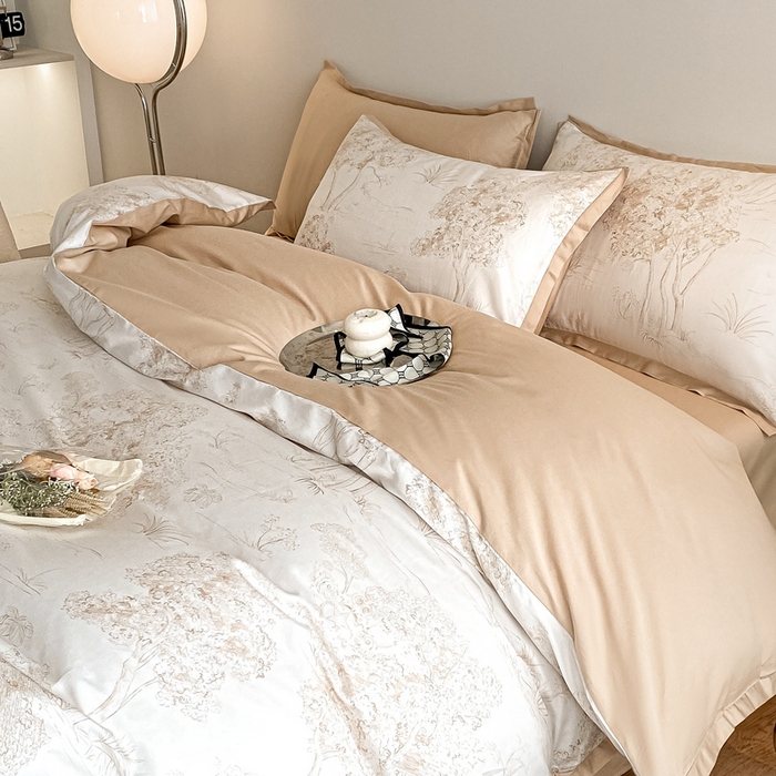 91家纺网 家纺一手货源 找家纺 （总）秀色 2025新款50支贡缎长绒棉床上四件套数码印花被套轻奢高级感床品 椿野-香槟金