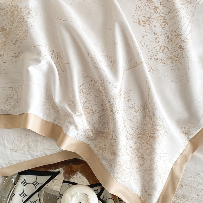 91家纺网 家纺一手货源 找家纺 （总）秀色 2025新款50支贡缎长绒棉床上四件套数码印花被套轻奢高级感床品 椿野-香槟金