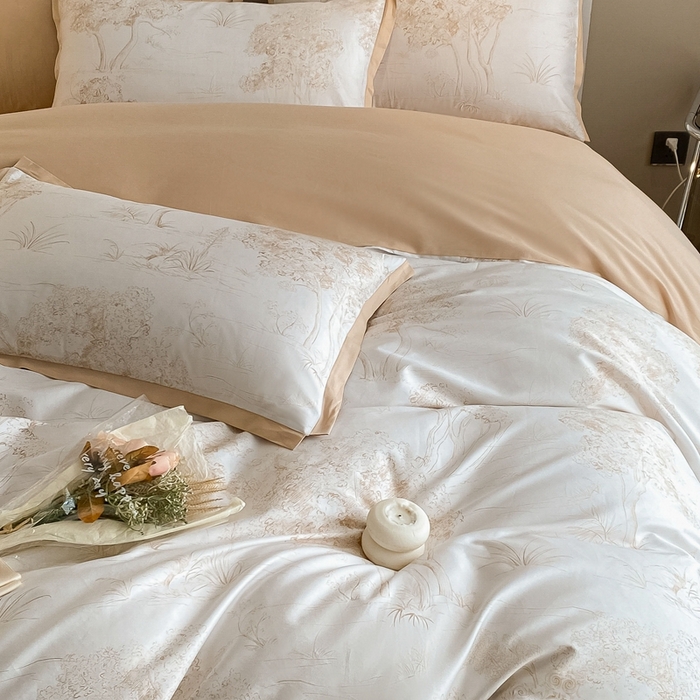 91家纺网 家纺一手货源 找家纺 （总）秀色 2025新款50支贡缎长绒棉床上四件套数码印花被套轻奢高级感床品 椿野-香槟金