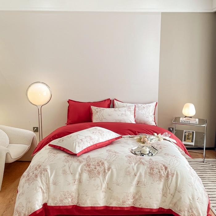 91家纺网 家纺一手货源 找家纺 （总）秀色 2025新款50支贡缎长绒棉床上四件套数码印花被套轻奢高级感床品 椿野-西瓜红