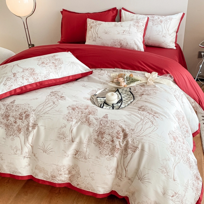 91家纺网 家纺一手货源 找家纺 （总）秀色 2025新款50支贡缎长绒棉床上四件套数码印花被套轻奢高级感床品 椿野-西瓜红
