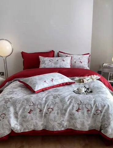 91家纺网 家纺一手货源 找家纺 （总）秀色 2025新款50支贡缎长绒棉床上四件套数码印花被套轻奢高级感床品 初春日-西瓜红