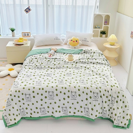 91家纺网 家纺一手货源 找家纺 苏拉家居 2023新款双层纱水洗棉麻夏被 小熊-绿