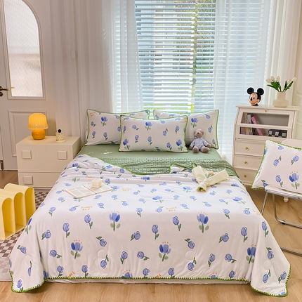 91家纺网 家纺一手货源 找家纺 花漾 2024新款A类针织棉凉感丝夏被凉席四件套自然光 紫色小香