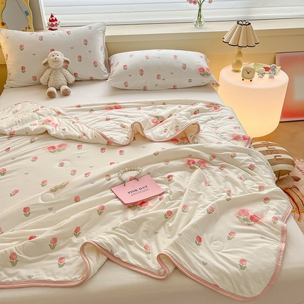 桃子 2023新款A类ins高品质小清新花卉卡通牛奶丝针织棉夏被 针织棉夏被-奶油郁金香粉