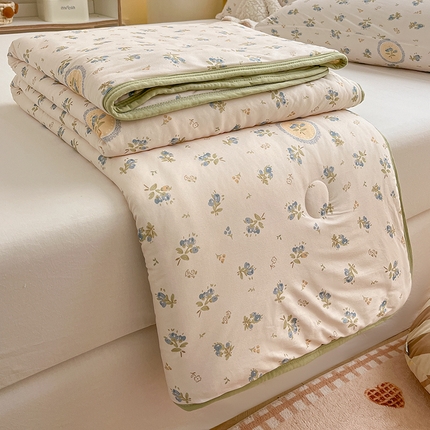 桃子 2023新款A类ins高品质小清新花卉卡通牛奶丝针织棉夏被 针织棉夏被-法蓝