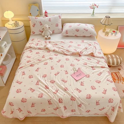 桃子 2023新款A类ins高品质小清新花卉卡通牛奶丝针织棉夏被 针织棉夏被-樱桃奶油兔