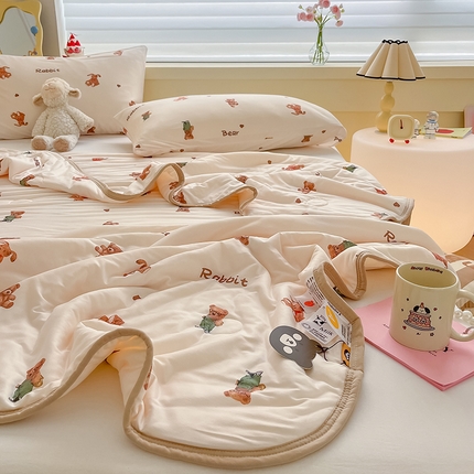 桃子 2023新款A类ins高品质小清新花卉卡通牛奶丝针织棉夏被 针织棉夏被-熊兔伙伴