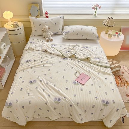 桃子 2023新款A类ins高品质小清新花卉卡通牛奶丝针织棉夏被 针织棉夏被-紫色郁金香