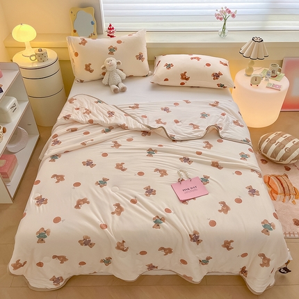 桃子 2023新款A类ins高品质小清新花卉卡通牛奶丝针织棉夏被 针织棉夏被-饼干熊