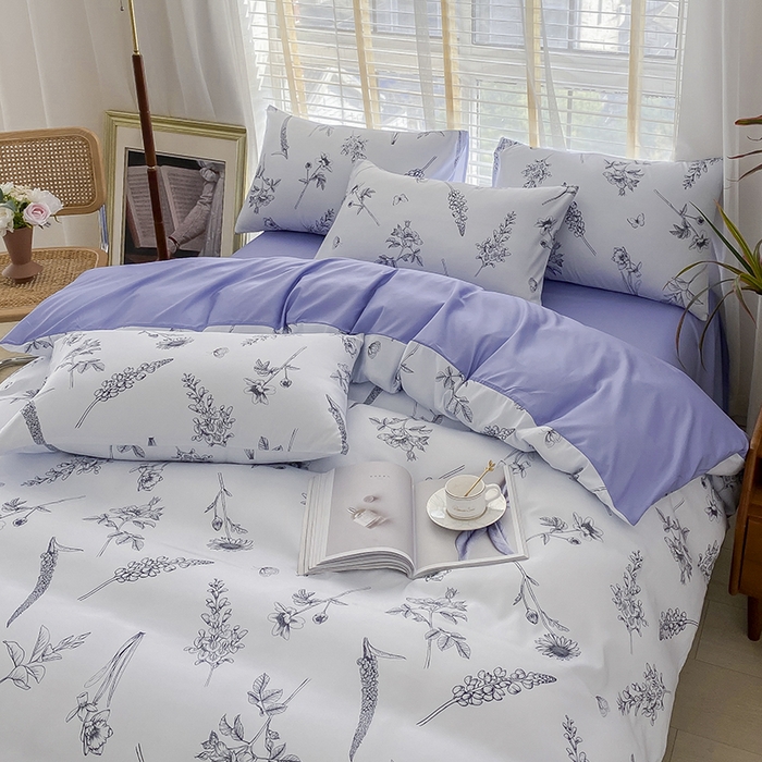 91家纺网 家纺一手货源 找家纺 优尚 2025新款双层纱水洗棉麻四件套 兰花紫梦