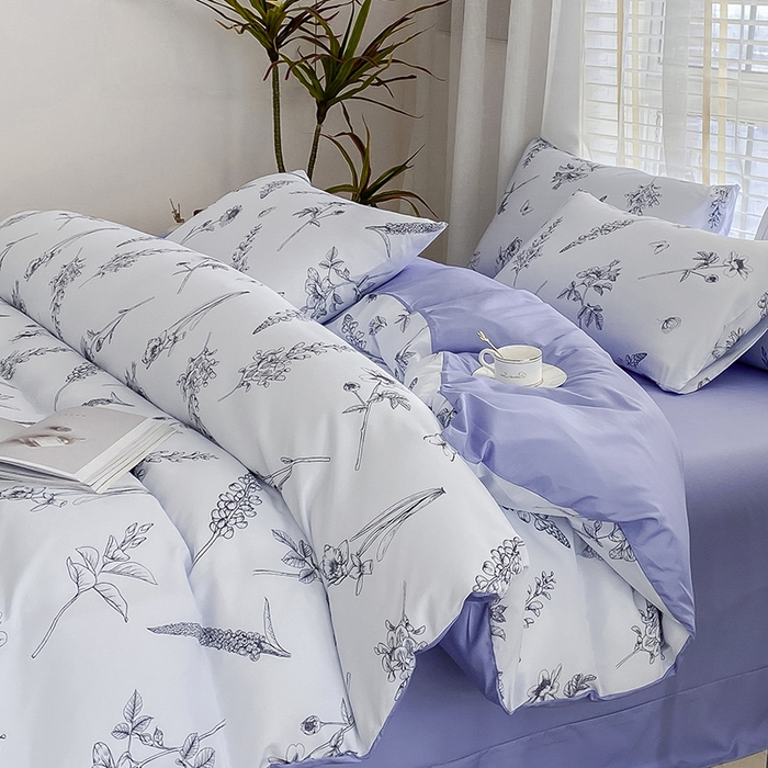 91家纺网 家纺一手货源 找家纺 优尚 2025新款双层纱水洗棉麻四件套 兰花紫梦