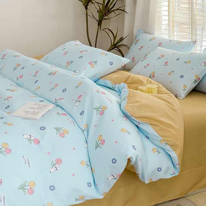 91家纺网 家纺一手货源 找家纺 优尚 2025新款双层纱水洗棉麻四件套 夏日花园