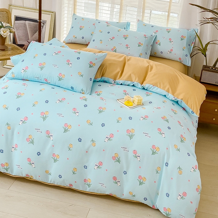 91家纺网 家纺一手货源 找家纺 优尚 2025新款双层纱水洗棉麻四件套 夏日花园