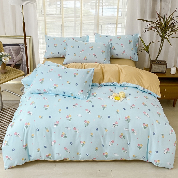 91家纺网 家纺一手货源 找家纺 优尚 2025新款双层纱水洗棉麻四件套 夏日花园