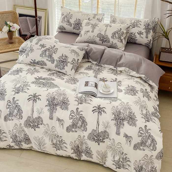 91家纺网 家纺一手货源 找家纺 优尚 2025新款双层纱水洗棉麻四件套 林中奇遇