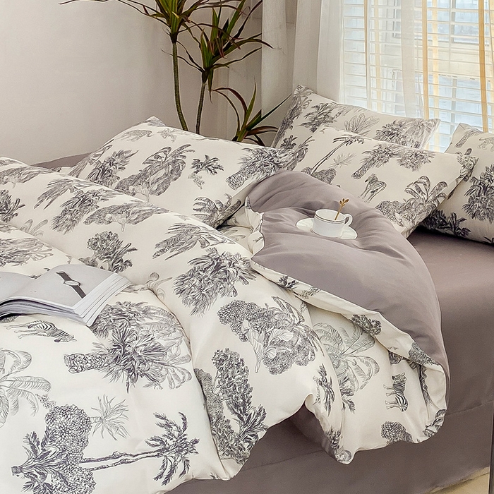 91家纺网 家纺一手货源 找家纺 优尚 2025新款双层纱水洗棉麻四件套 林中奇遇