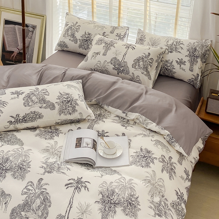 91家纺网 家纺一手货源 找家纺 优尚 2025新款双层纱水洗棉麻四件套 林中奇遇