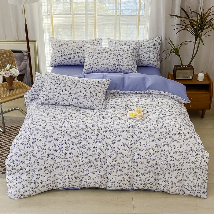 91家纺网 家纺一手货源 找家纺 优尚 2025新款双层纱水洗棉麻四件套 白雾紫花