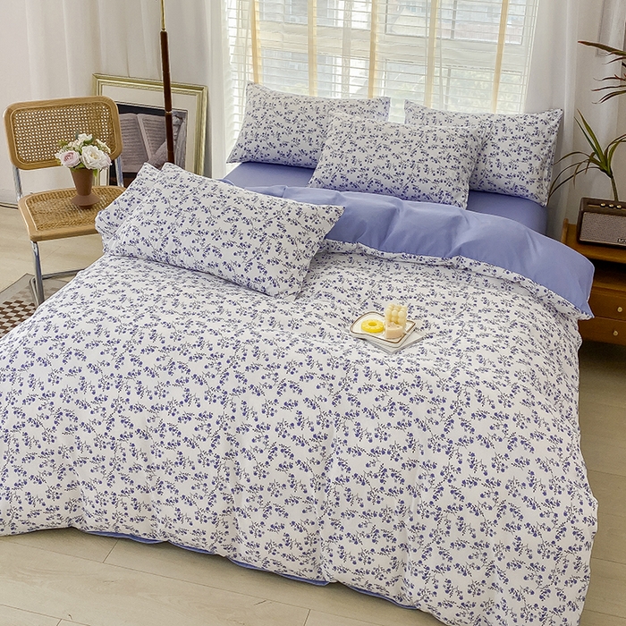 91家纺网 家纺一手货源 找家纺 优尚 2025新款双层纱水洗棉麻四件套 白雾紫花