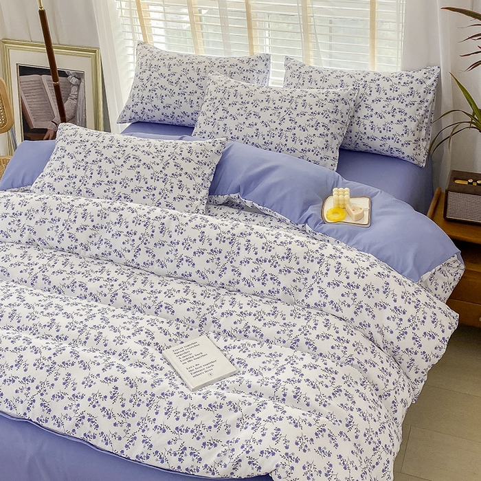 91家纺网 家纺一手货源 找家纺 优尚 2025新款双层纱水洗棉麻四件套 白雾紫花