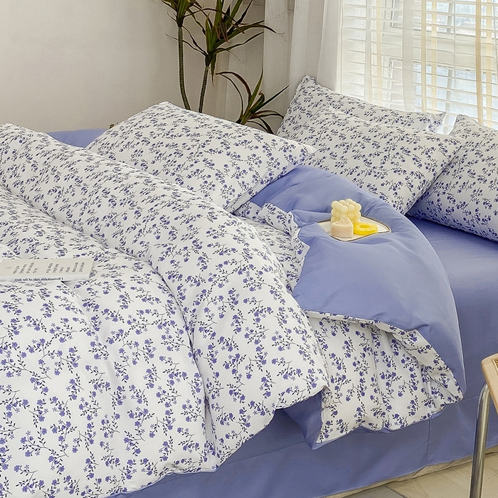 91家纺网 家纺一手货源 找家纺 优尚 2025新款双层纱水洗棉麻四件套 白雾紫花