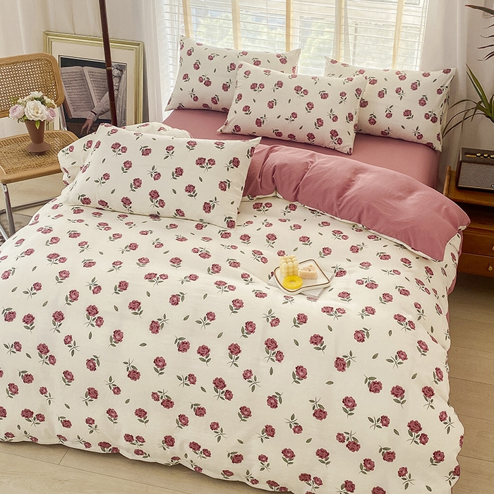 91家纺网 家纺一手货源 找家纺 优尚 2025新款双层纱水洗棉麻四件套 晨露玫瑰