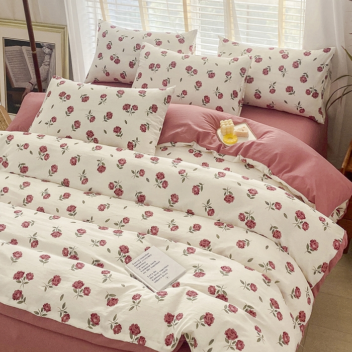 91家纺网 家纺一手货源 找家纺 优尚 2025新款双层纱水洗棉麻四件套 晨露玫瑰