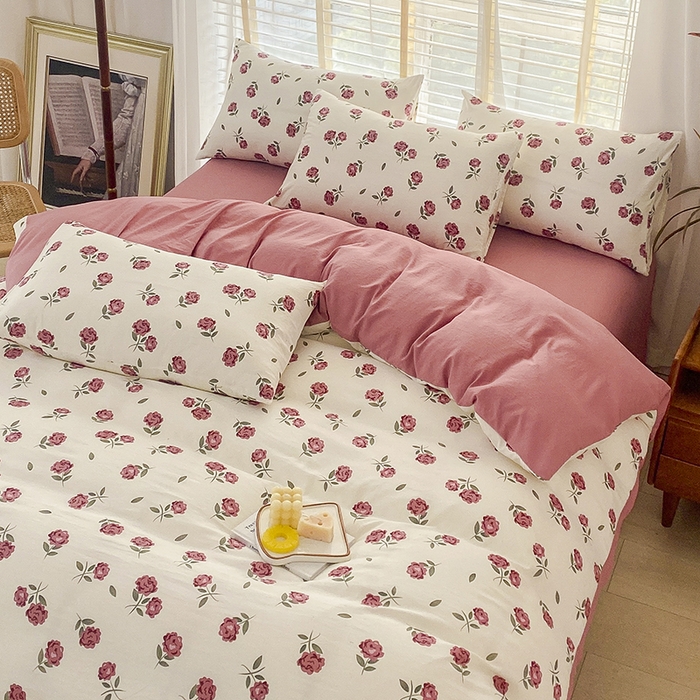 91家纺网 家纺一手货源 找家纺 优尚 2025新款双层纱水洗棉麻四件套 晨露玫瑰