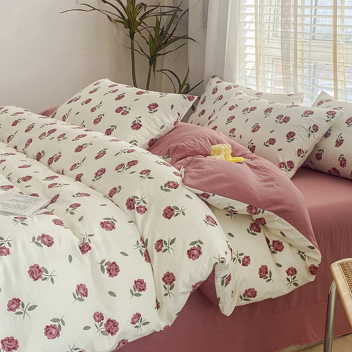 91家纺网 家纺一手货源 找家纺 优尚 2025新款双层纱水洗棉麻四件套 晨露玫瑰