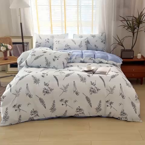 91家纺网 家纺一手货源 找家纺 优尚 2025新款双层纱水洗棉麻四件套 兰花紫梦