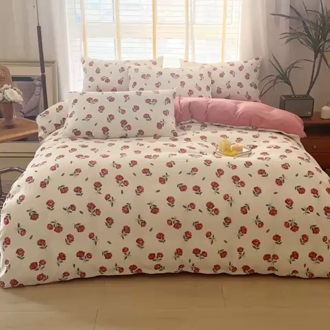 91家纺网 家纺一手货源 找家纺 优尚 2025新款双层纱水洗棉麻四件套 晨露玫瑰