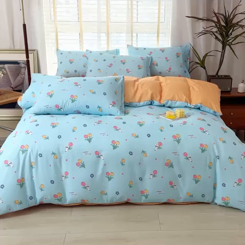 91家纺网 家纺一手货源 找家纺 优尚 2025新款双层纱水洗棉麻四件套 夏日花园