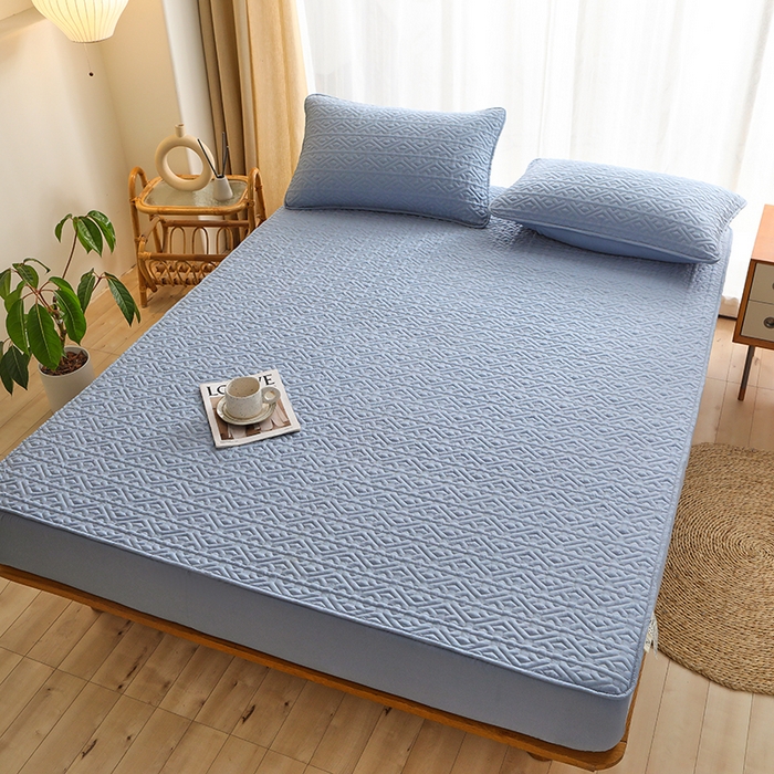 91家纺网 家纺一手货源 找家纺 雪云美 2023新款A类原棉夹棉床笠 锦绣 浅蓝