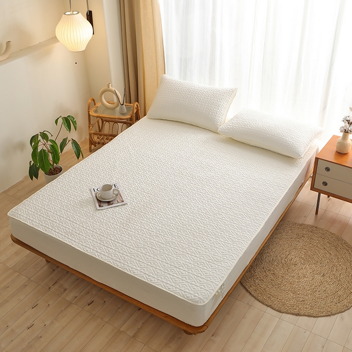 91家纺网 家纺一手货源 找家纺 雪云美 2023新款A类原棉夹棉床笠 锦绣-白色