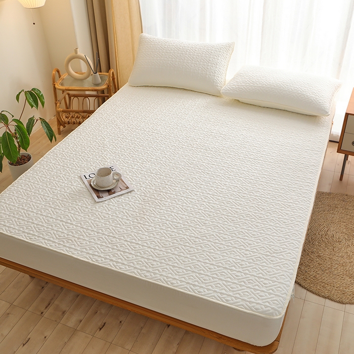 91家纺网 家纺一手货源 找家纺 雪云美 2023新款A类原棉夹棉床笠 锦绣-白色