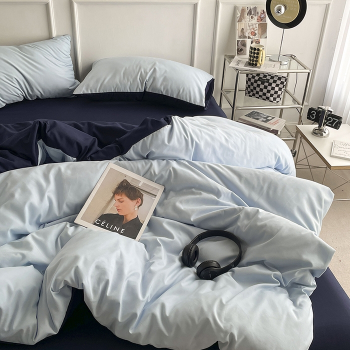 91家纺网 家纺一手货源 找家纺 贝拉梦 2023新款105g柔软磨毛亲肤棉双拼四件套简约风 海盐蓝莓冻