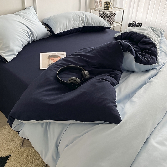 91家纺网 家纺一手货源 找家纺 贝拉梦 2023新款105g柔软磨毛亲肤棉双拼四件套简约风 海盐蓝莓冻