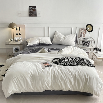 贝拉梦2023新款105g超级柔软磨毛亲肤棉双拼简约风四件套奶油椰子灰