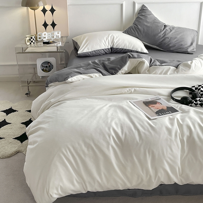 91家纺网 家纺一手货源 找家纺 贝拉梦2023新款105g超级柔软磨毛亲肤棉双拼简约风四件套奶油椰子灰