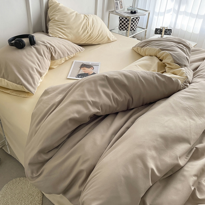 91家纺网 家纺一手货源 找家纺 贝拉梦2023新款105g超级柔软磨毛亲肤棉双拼简约风四件套焦糖玛奇朵